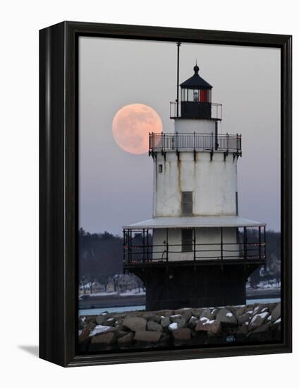 Full Moon Rises Behind the Spring Point Light House in South Portland, Maine-null-Framed Premier Image Canvas
