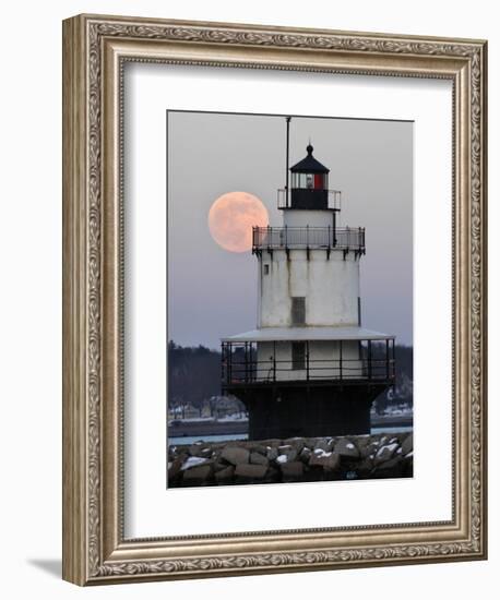 Full Moon Rises Behind the Spring Point Light House in South Portland, Maine-null-Framed Photographic Print