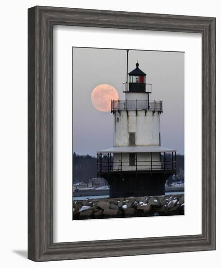 Full Moon Rises Behind the Spring Point Light House in South Portland, Maine-null-Framed Photographic Print