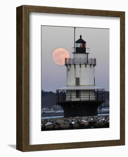 Full Moon Rises Behind the Spring Point Light House in South Portland, Maine-null-Framed Photographic Print