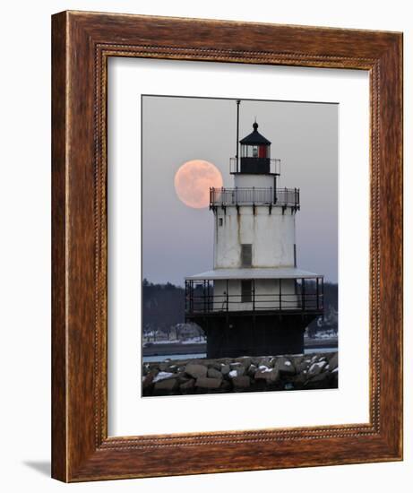 Full Moon Rises Behind the Spring Point Light House in South Portland, Maine-null-Framed Photographic Print