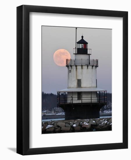 Full Moon Rises Behind the Spring Point Light House in South Portland, Maine-null-Framed Photographic Print