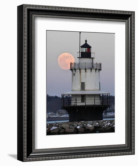 Full Moon Rises Behind the Spring Point Light House in South Portland, Maine--Framed Photographic Print