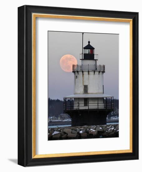 Full Moon Rises Behind the Spring Point Light House in South Portland, Maine-null-Framed Photographic Print