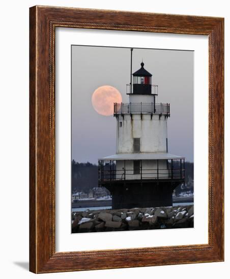 Full Moon Rises Behind the Spring Point Light House in South Portland, Maine-null-Framed Photographic Print