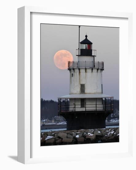 Full Moon Rises Behind the Spring Point Light House in South Portland, Maine-null-Framed Photographic Print