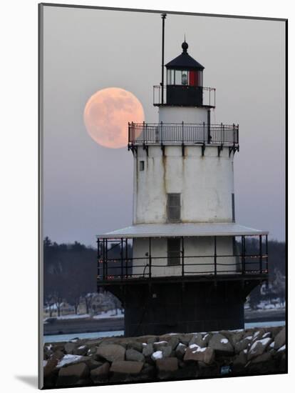 Full Moon Rises Behind the Spring Point Light House in South Portland, Maine-null-Mounted Photographic Print