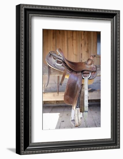 Full view of a Saddle resting on the railing, Tucson, Arizona, USA.-Julien McRoberts-Framed Photographic Print