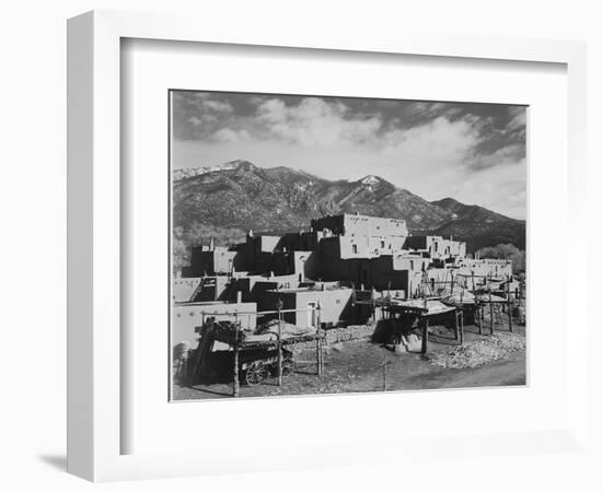 Full View Of City Mountains In Bkgd "Taos Pueblo National Historic Landmark New Mexico 1941"-Ansel Adams-Framed Art Print