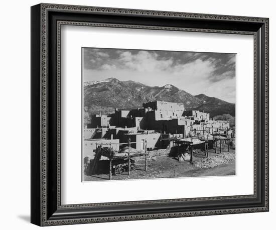 Full View Of City Mountains In Bkgd "Taos Pueblo National Historic Landmark New Mexico 1941"-Ansel Adams-Framed Art Print