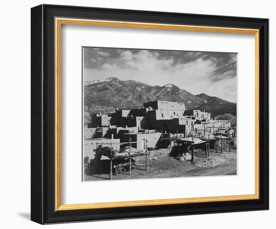Full View Of City Mountains In Bkgd "Taos Pueblo National Historic Landmark New Mexico 1941"-Ansel Adams-Framed Art Print