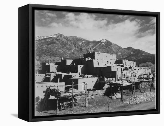 Full View Of City Mountains In Bkgd "Taos Pueblo National Historic Landmark New Mexico 1941"-Ansel Adams-Framed Stretched Canvas