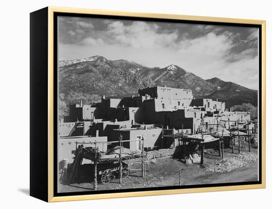 Full View Of City Mountains In Bkgd "Taos Pueblo National Historic Landmark New Mexico 1941"-Ansel Adams-Framed Stretched Canvas