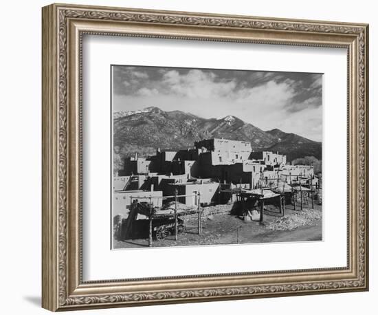 Full View Of City Mountains In Bkgd "Taos Pueblo National Historic Landmark New Mexico 1941"-Ansel Adams-Framed Premium Giclee Print