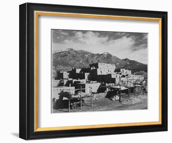 Full View Of City Mountains In Bkgd "Taos Pueblo National Historic Landmark New Mexico 1941"-Ansel Adams-Framed Premium Giclee Print