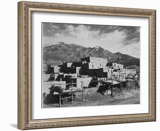 Full View Of City Mountains In Bkgd "Taos Pueblo National Historic Landmark New Mexico 1941"-Ansel Adams-Framed Art Print