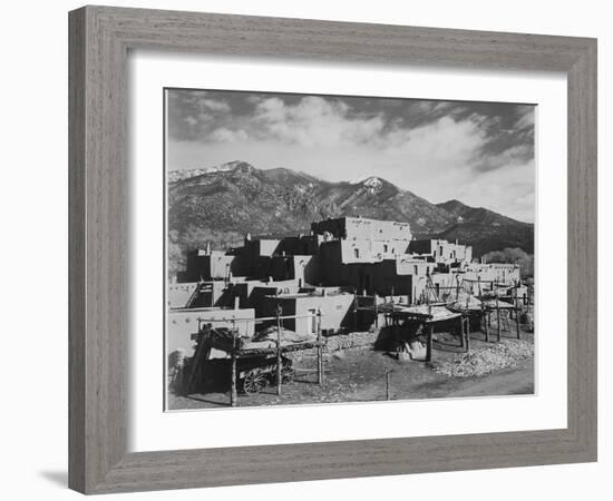 Full View Of City Mountains In Bkgd "Taos Pueblo National Historic Landmark New Mexico 1941"-Ansel Adams-Framed Art Print