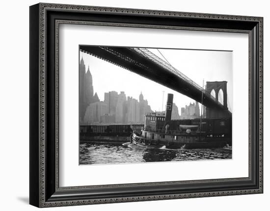 Fulton Tug Boat, Brooklyn Bridge, c.1920-null-Framed Art Print