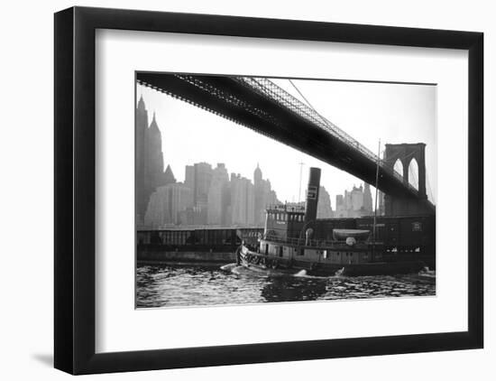 Fulton Tug Boat, Brooklyn Bridge, c.1920-null-Framed Art Print