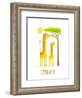 Fun Cartoon African Giraffe Animals Eating Foliage. Brightly Colored Giraffe Child and Mom. Raster-Popmarleo-Framed Art Print
