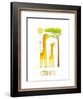 Fun Cartoon African Giraffe Animals Eating Foliage. Brightly Colored Giraffe Child and Mom. Raster-Popmarleo-Framed Art Print