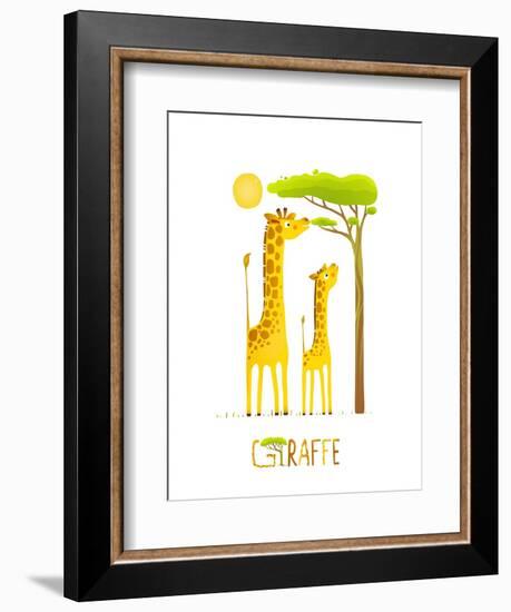 Fun Cartoon African Giraffe Animals Eating Foliage. Brightly Colored Giraffe Child and Mom. Raster-Popmarleo-Framed Art Print