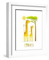 Fun Cartoon African Giraffe Animals Eating Foliage. Brightly Colored Giraffe Child and Mom. Raster-Popmarleo-Framed Art Print