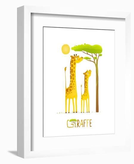 Fun Cartoon African Giraffe Animals Eating Foliage. Brightly Colored Giraffe Child and Mom. Raster-Popmarleo-Framed Art Print