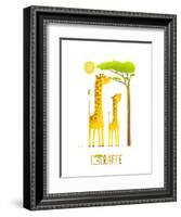 Fun Cartoon African Giraffe Animals Eating Foliage. Brightly Colored Giraffe Child and Mom. Raster-Popmarleo-Framed Art Print