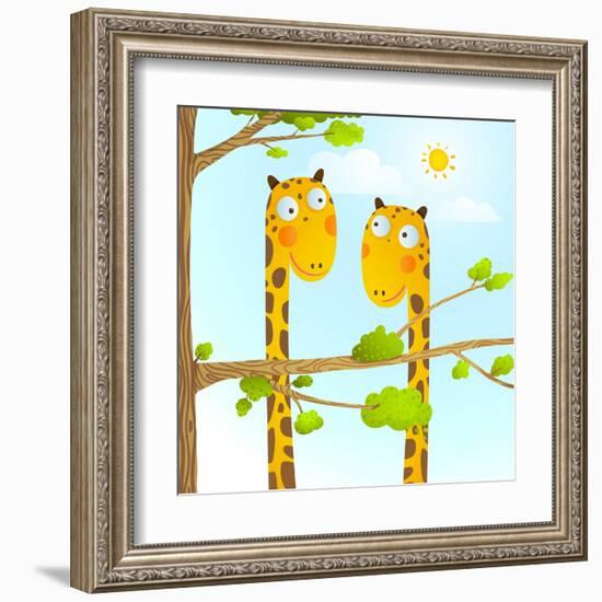 Fun Cartoon Baby Giraffe Animals in Wild for Kids Drawing. Funny Friends Giraffes Cartoon in Nature-Popmarleo-Framed Art Print