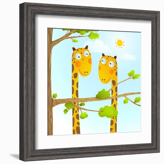 Fun Cartoon Baby Giraffe Animals in Wild for Kids Drawing. Funny Friends Giraffes Cartoon in Nature-Popmarleo-Framed Art Print