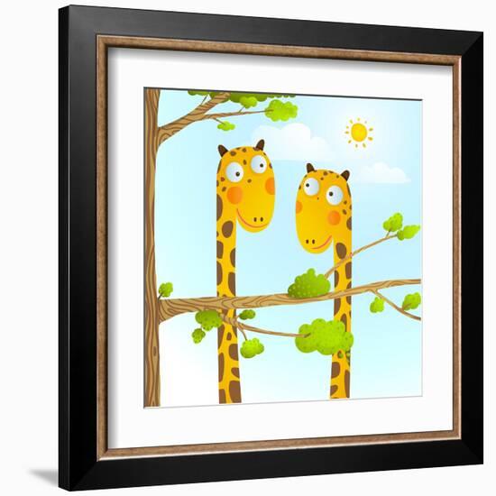 Fun Cartoon Baby Giraffe Animals in Wild for Kids Drawing. Funny Friends Giraffes Cartoon in Nature-Popmarleo-Framed Art Print