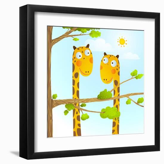 Fun Cartoon Baby Giraffe Animals in Wild for Kids Drawing. Funny Friends Giraffes Cartoon in Nature-Popmarleo-Framed Art Print