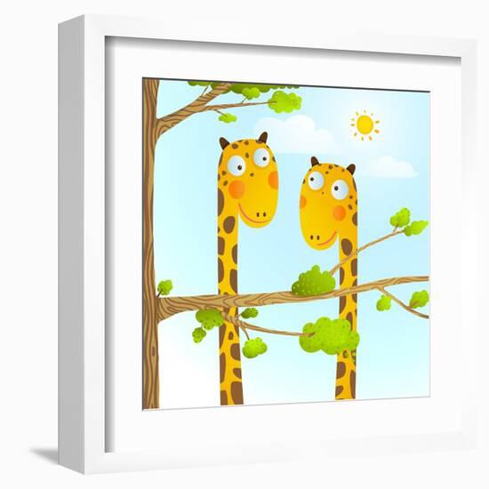 Fun Cartoon Baby Giraffe Animals in Wild for Kids Drawing. Funny Friends Giraffes Cartoon in Nature-Popmarleo-Framed Art Print