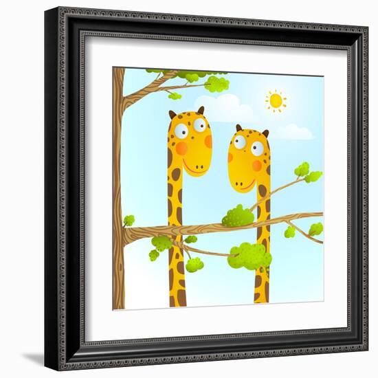 Fun Cartoon Baby Giraffe Animals in Wild for Kids Drawing. Funny Friends Giraffes Cartoon in Nature-Popmarleo-Framed Art Print