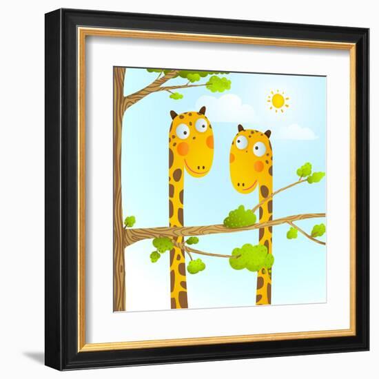 Fun Cartoon Baby Giraffe Animals in Wild for Kids Drawing. Funny Friends Giraffes Cartoon in Nature-Popmarleo-Framed Art Print