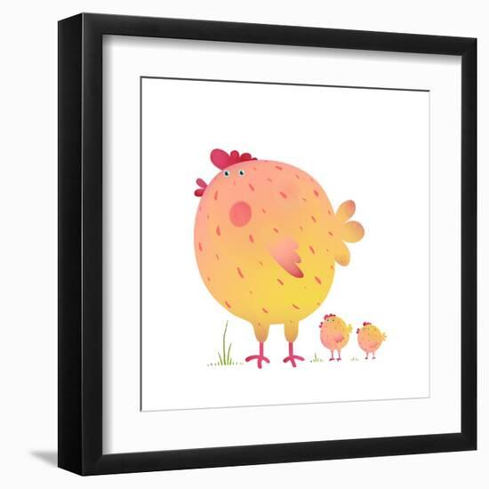 Fun Colorful Mother Chicken Bird and Babies Background. Bright and Cute Hen Family Illustration For-Popmarleo-Framed Art Print