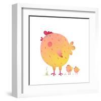 Fun Colorful Mother Chicken Bird and Babies Background. Bright and Cute Hen Family Illustration For-Popmarleo-Framed Art Print