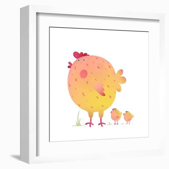 Fun Colorful Mother Chicken Bird and Babies Background. Bright and Cute Hen Family Illustration For-Popmarleo-Framed Art Print