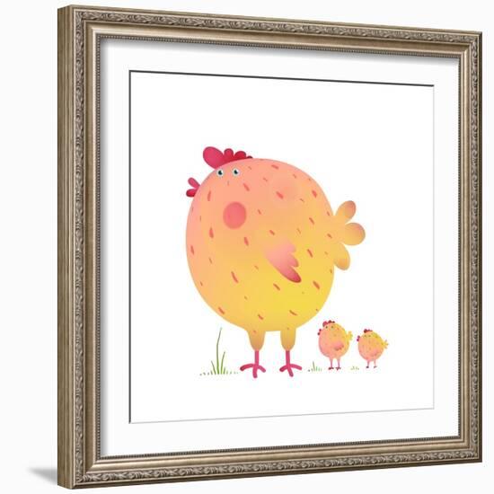 Fun Colorful Mother Chicken Bird and Babies Background. Bright and Cute Hen Family Illustration For-Popmarleo-Framed Art Print