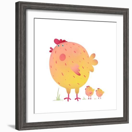 Fun Colorful Mother Chicken Bird and Babies Background. Bright and Cute Hen Family Illustration For-Popmarleo-Framed Art Print