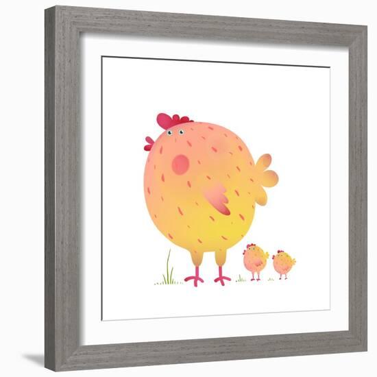 Fun Colorful Mother Chicken Bird and Babies Background. Bright and Cute Hen Family Illustration For-Popmarleo-Framed Art Print