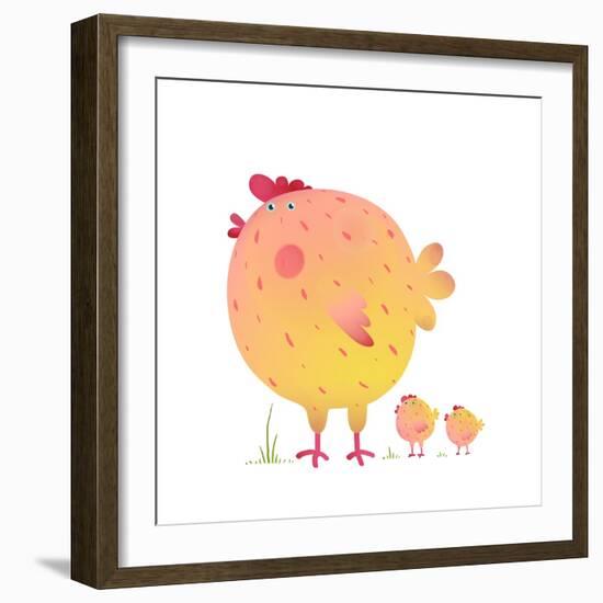 Fun Colorful Mother Chicken Bird and Babies Background. Bright and Cute Hen Family Illustration For-Popmarleo-Framed Art Print