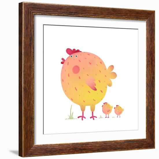 Fun Colorful Mother Chicken Bird and Babies Background. Bright and Cute Hen Family Illustration For-Popmarleo-Framed Art Print