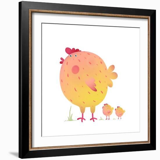 Fun Colorful Mother Chicken Bird and Babies Background. Bright and Cute Hen Family Illustration For-Popmarleo-Framed Art Print