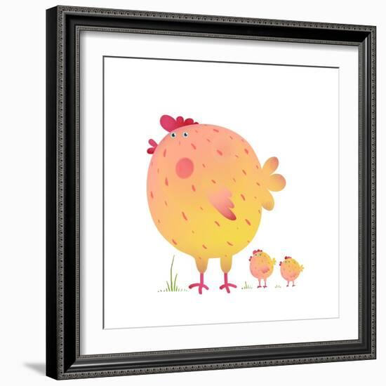 Fun Colorful Mother Chicken Bird and Babies Background. Bright and Cute Hen Family Illustration For-Popmarleo-Framed Art Print