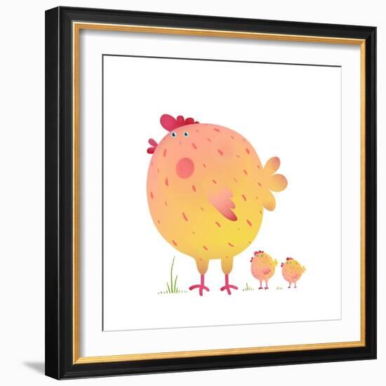 Fun Colorful Mother Chicken Bird and Babies Background. Bright and Cute Hen Family Illustration For-Popmarleo-Framed Art Print