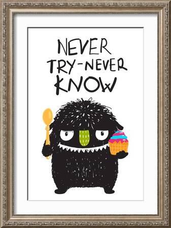 Fun Monster Eating Dessert Cartoon Card. Angry Funny Little Monster Hungry  Trying Sweets. Children' Art Print - Popmarleo 