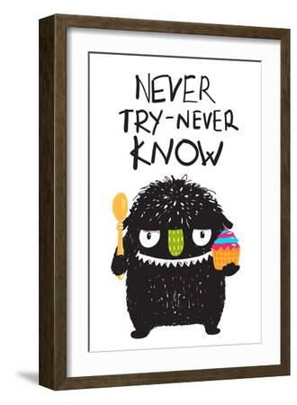 Fun Monster Eating Dessert Cartoon Card. Angry Funny Little Monster Hungry  Trying Sweets. Children' Art Print - Popmarleo 