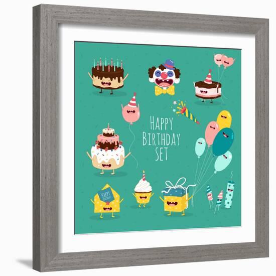 Funny Birthday Set. Birthday Cake, Invitation, Clown, Balloons, Gifts, Candles. Vector Illustration-Serbinka-Framed Art Print